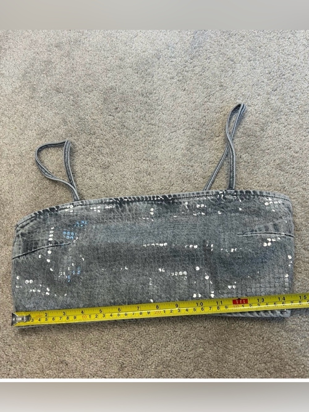 Zara TRF gray foil sequin embellished denim jean crop top sparkly S NWOT - Picture 11 of 13